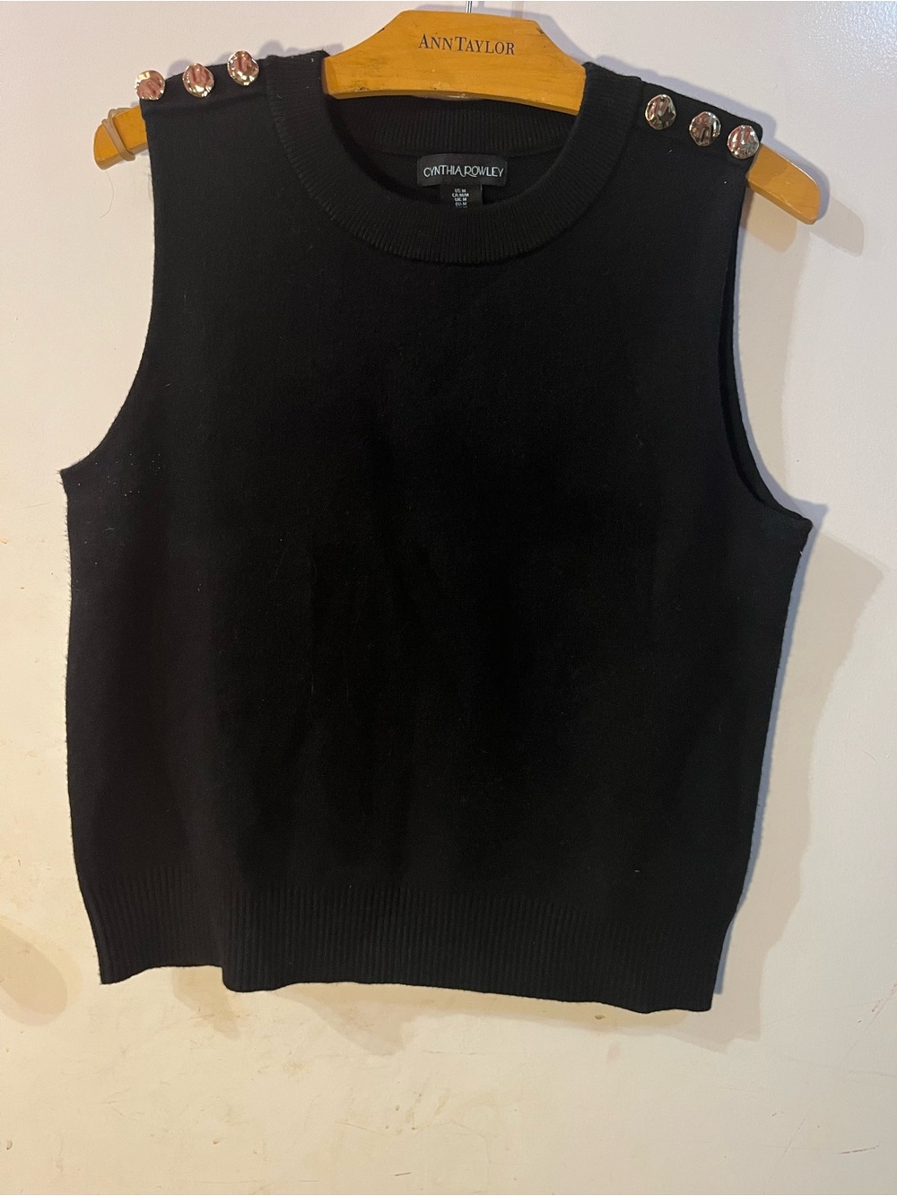Cynthia Rowley Black Sleeveless Knit Shell with Decorative Shoulder Buttons